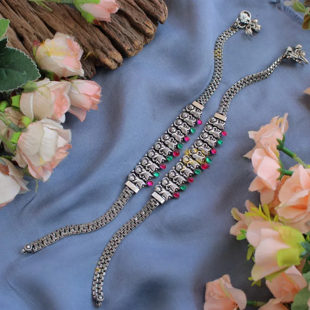 Oxidised Dancing Lady Anklets - Multicolour
